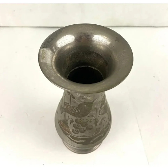 VTG Silver Tone Metal Middle Eastern Vase With Etching 8" Tall Birds Fish - Picture 6 of 14
